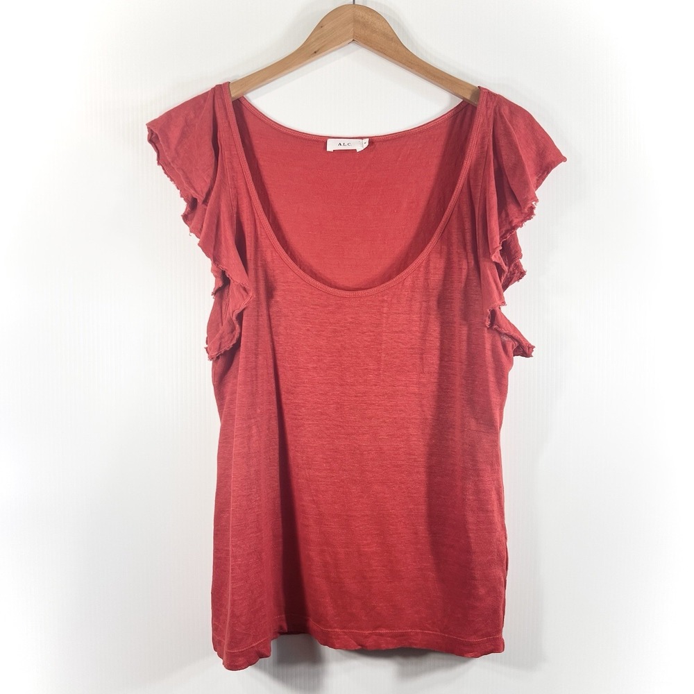 A.L.C. Flutter Sleeve Linen Top Sz Medium Red Spring Summer Lightweight Flirty